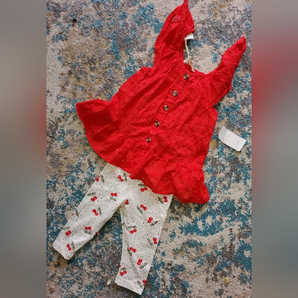 New Jessica Simpson Red Eyelet Tunic Top & Cherry Print Crop Leggings Set 24 Mos